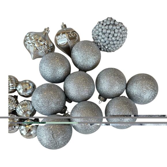 28- Silver Assorted Shatterproof Ornaments 1.5”-4” Shiny Glittery See Pic EUC - Picture 3 of 12